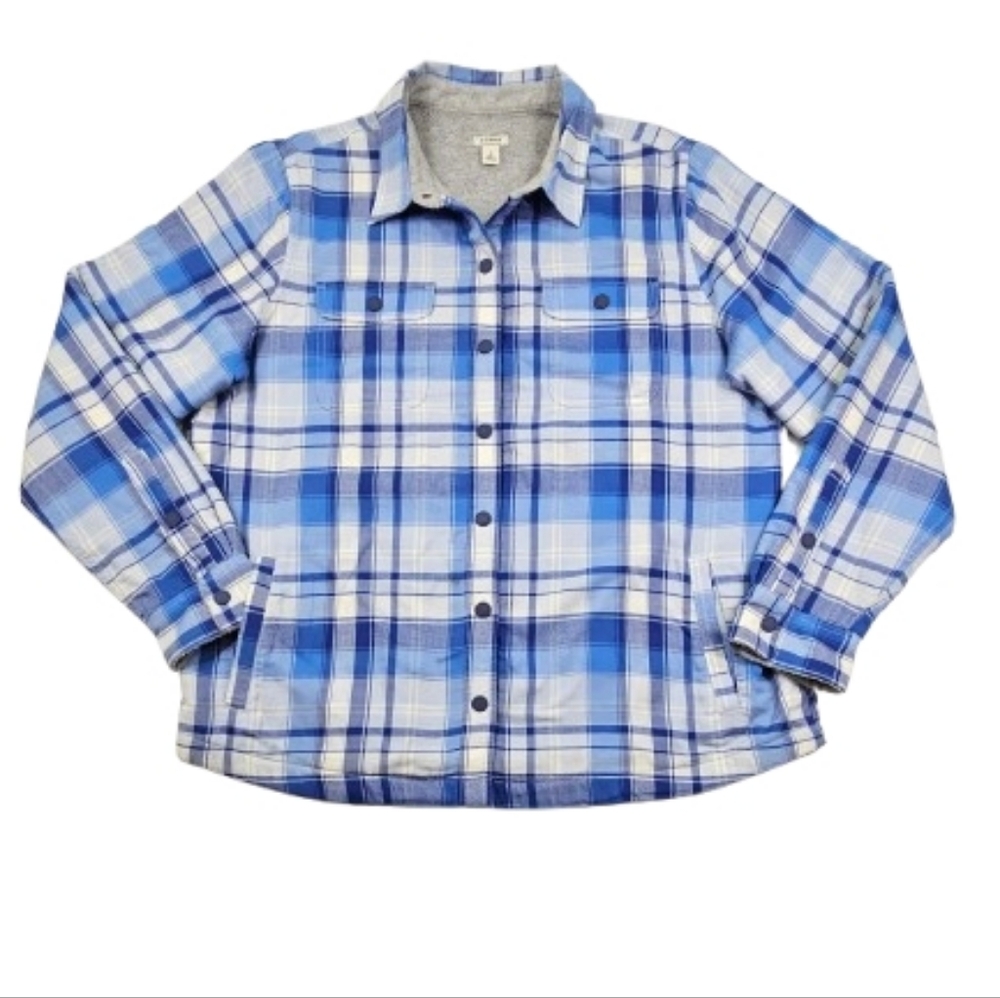 L.L. Bean Plaid Sherpa Lined Shacket Mens L Blue White Snap Button‎ Coat Pockets